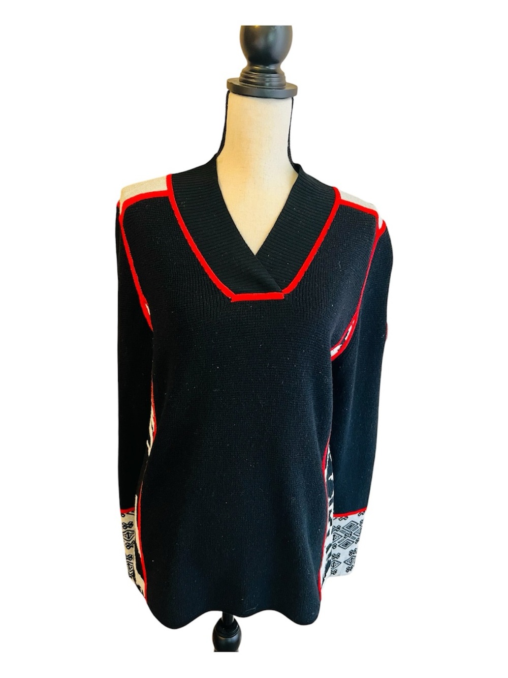 Krimson Klover Black/Cream/Red Intarsia Merino Wool Ski Sweater L